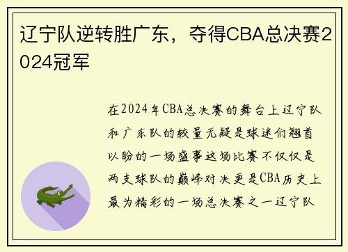 辽宁队逆转胜广东，夺得CBA总决赛2024冠军
